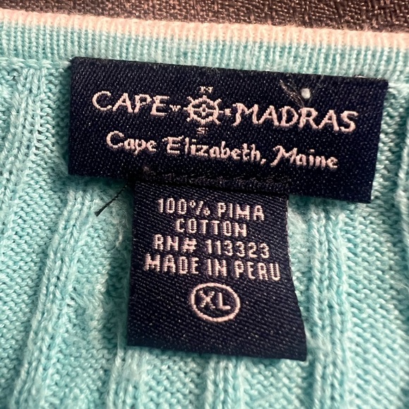 Cape Madras Cape Elizabeth, Maine teal cable knit V-neck pima cotton XL sweater - Picture 6 of 6